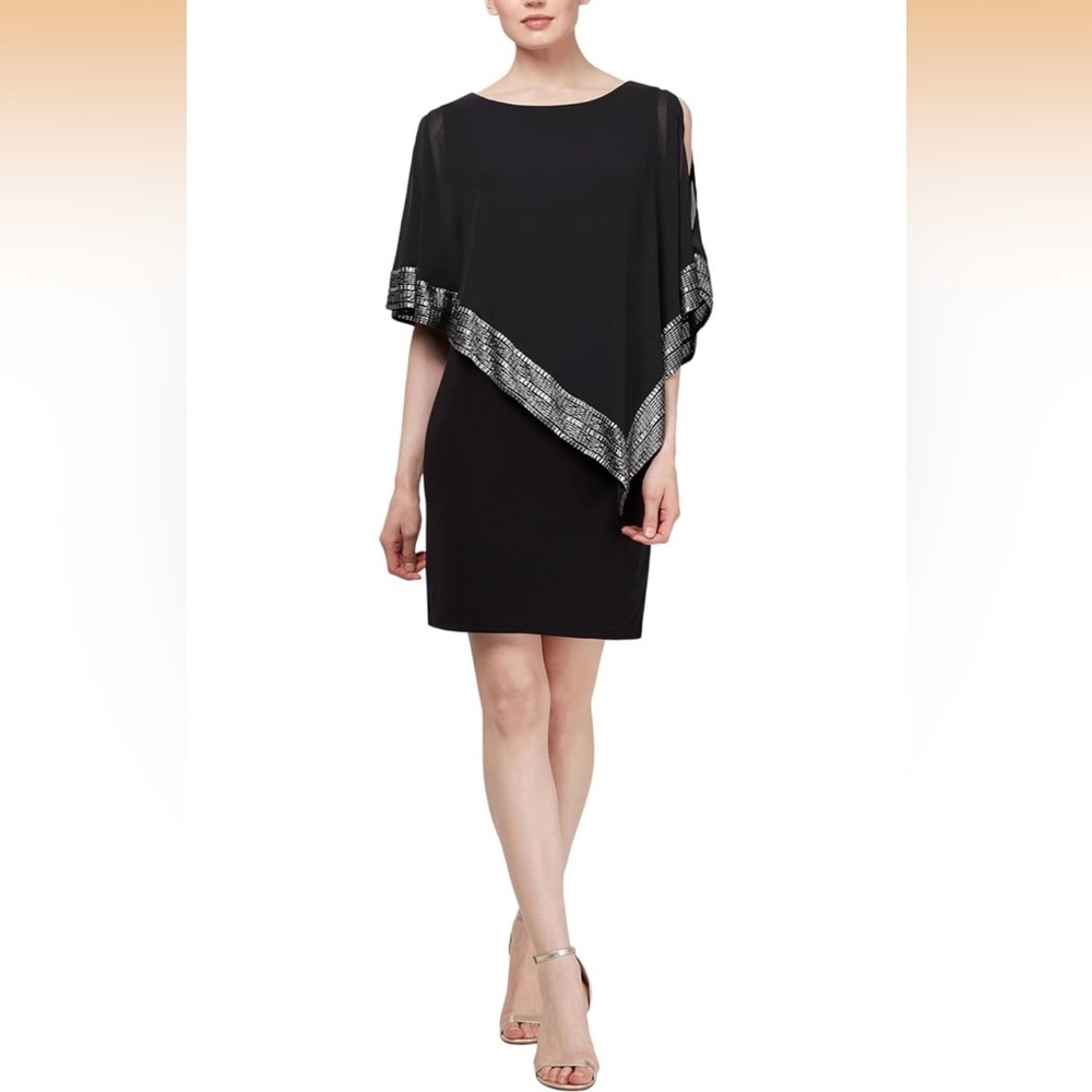 S.L. Fashions Women's Foil Cape Chiffon Dress, New Black And Silver, 18/372-1